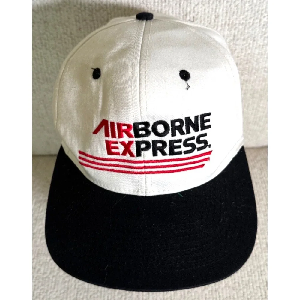 Vintage 1980s‎ AIRBORNE EXPRESS Adjustable Trucker Hat White Cotton Black Bill